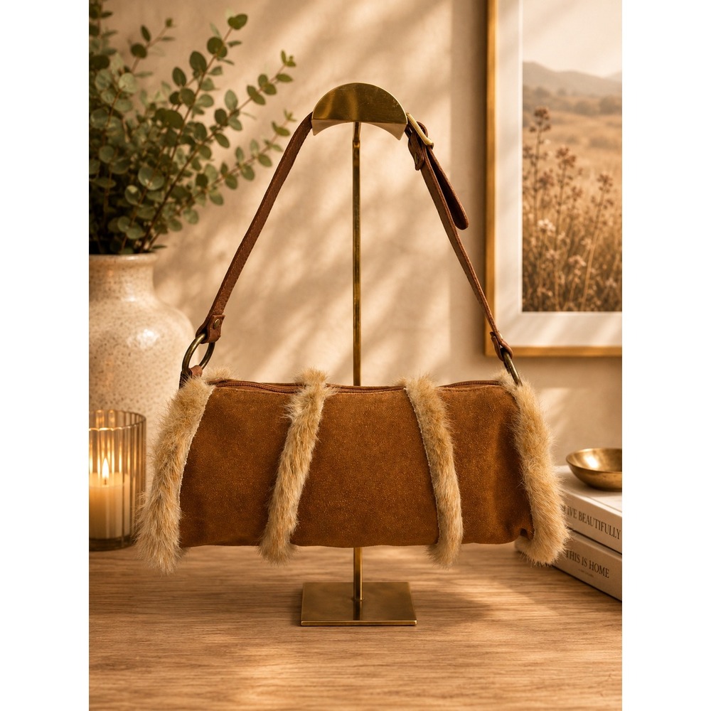 Steve Madden Brown Suede Faux Fur Trim Shoulder Bag Y2K Baguette B-NAKITA